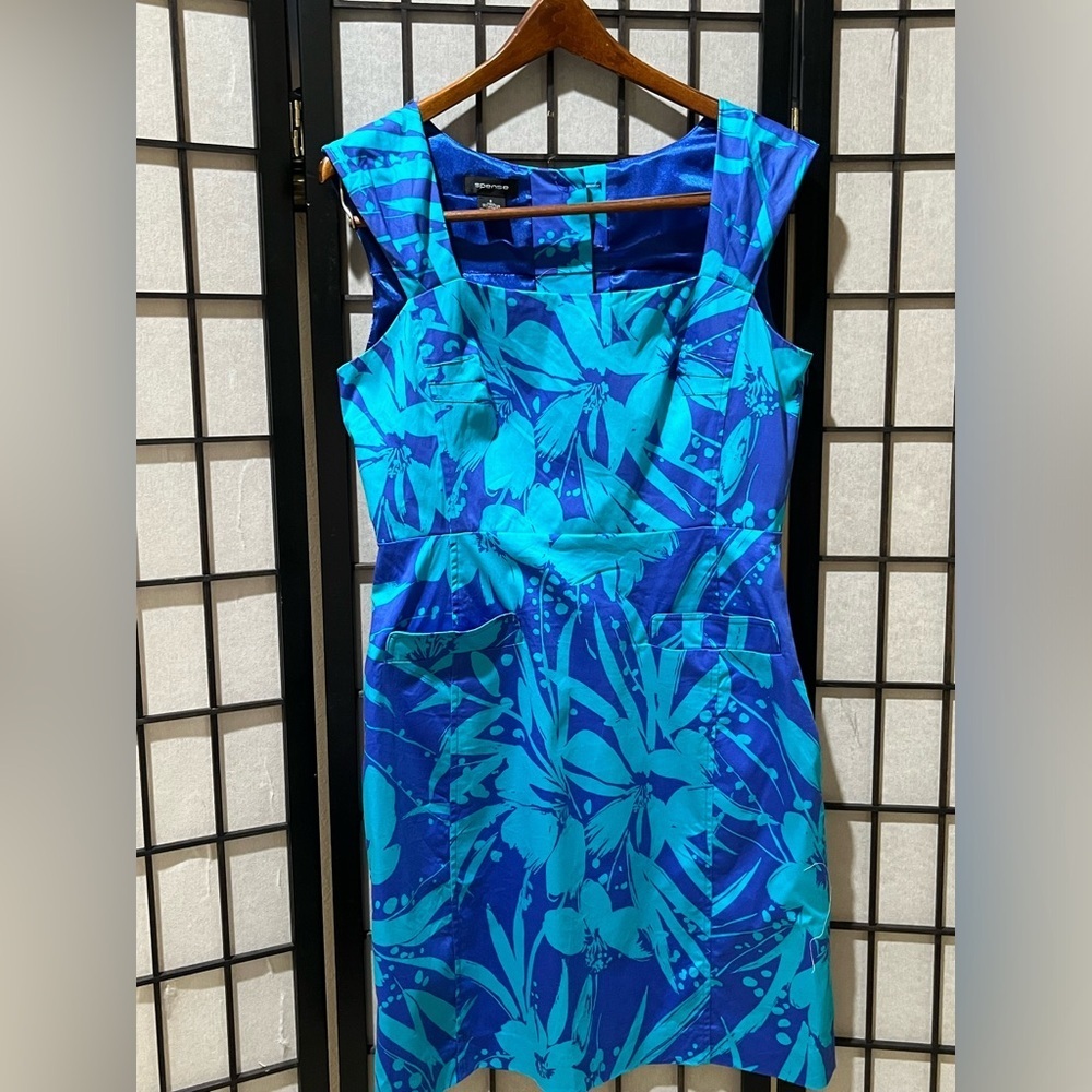 SPENSE Floral Blue Sheath Dress - Bright Aqua & Royal Blue TROPICAL PRINT SIZE 8